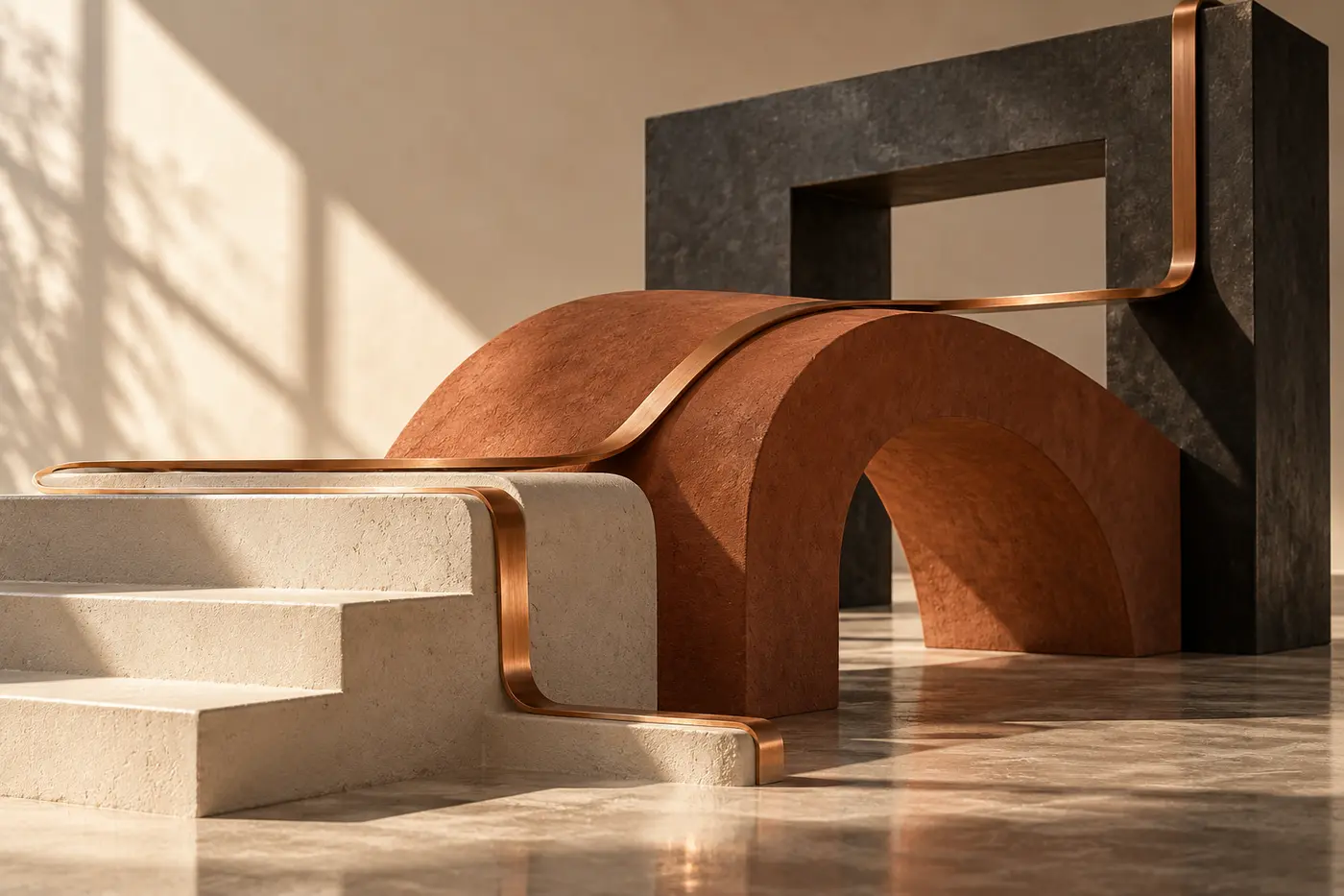 Architectural sculpture: cream steps, a clay arch, and a charcoal portal joined by a copper ribbon.